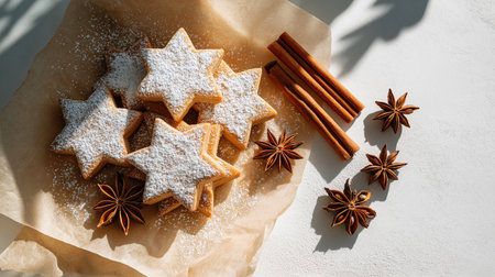 A minimalist flat lay of Christmas cookies coated with powdered sugar, cinnamon stick and star anise on parchment paper.の素材