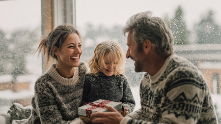 Family of three in festive sweaters exchanging Christmas gift together by snowy window for joyful holiday moment.の素材