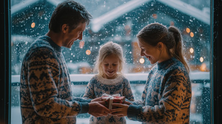 Family of three in festive sweaters exchanging Christmas gift together by snowy window for joyful holiday moment.の素材