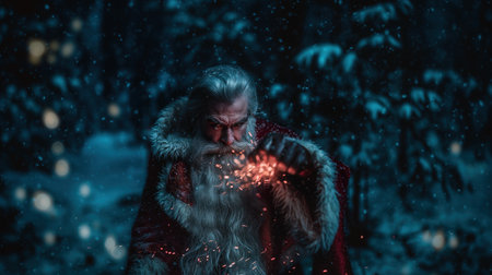 Santa superhero in dramatic scene with intense stare and glowing embers against snowy forest for cinematic holiday action portrait.の素材