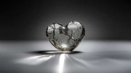 Shattered glass heart with intricate crack pattern and light reflections on shiny surface.の素材