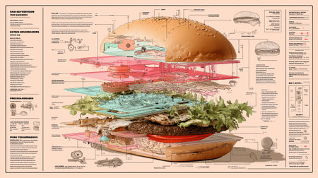 Technical scheme of a deconstructed gourmet hamburger showing layers of bun, lettuce, cheese, beef patty, onions, tomato, and bacon with blueprint annotations and intricate diagram elements.の素材