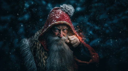 Santa superhero in dramatic scene with intense stare and glowing embers against snowy forest for cinematic holiday action portrait.の素材