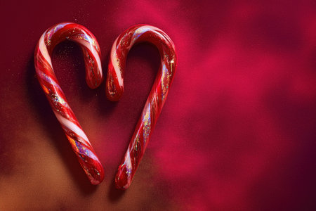 Red and white striped Christmas candy canes forming a heart shape on pink and purple sparkling festive background.の素材