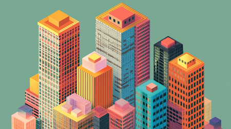 Isometric illustration of colorful high rise buildings with stacked rooftop terraces full of people in a busy modern city.の素材