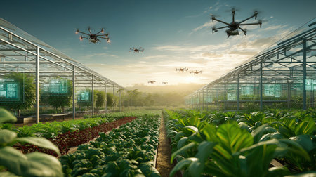 Multiple agricultural drones flying over a lush green crop field at sunrise with advanced technology monitoring plants and automated farming innovation.の素材