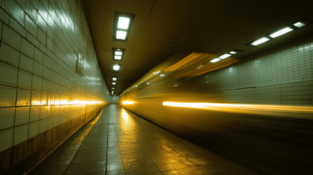 Moody underground subway tunnel with bright yellow lights streaking past glossy tiles, captured in dramatic long exposure for a cinematic night album cover vibe.の素材