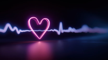 Glowing neon heart shape with ECG pulse line on dark background symbolizing love, health, and heartbeat in modern medical illustration.の素材