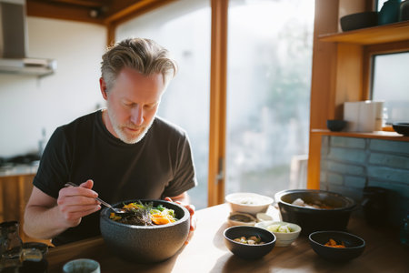 Man enjoying a balanced healthy meal in a modern sunlit kitchen with a relaxed, thoughtful expression at breakfast table.の素材