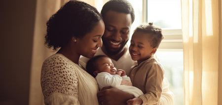 A loving African American family shares a warm moment together with newborn baby in a softly lit living room.の素材