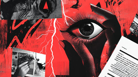 Surreal collage of expressive eyes, red lips, and newspaper clippings with bold red lightning accents and urban textures on a vintage background.の素材
