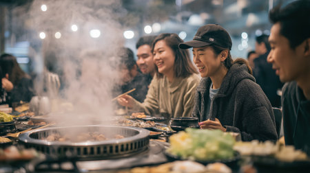 Friends enjoying Korean barbecue together at a restaurant table, laughing and smiling through rising smoke as meat grills on a tabletop barbecue.の素材