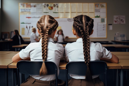 Two schoolgirls with long braided hair sitting together at classroom desk, rear view. Back to school concept.の素材