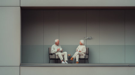 Elderly couple sitting side by side on a modern balcony with coffee mugs while a drone hovers nearby against a minimal architectural background.の素材