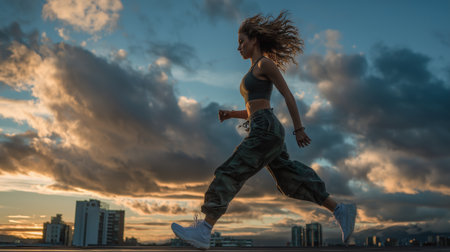 Determined woman with tousled hair in a modern casual outfit running in mid-air against a dramatic sunset city skyline, symbolizing energy, motivation, and freedom in an active urban lifestyle.の素材