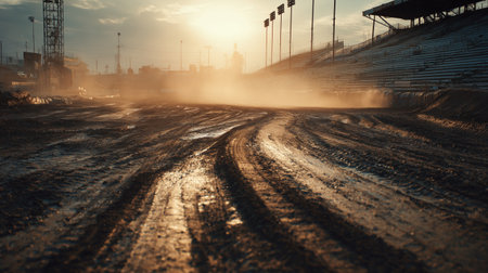 Wide shot of a rugged muddy monster truck track with deep tire ruts and rising dust, empty grandstands and golden sunset lighting, capturing the raw texture and anticipation of motorsport action.の素材