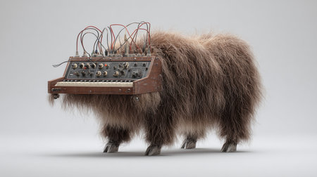 Furry monster synthesizer creature with retro analog keyboard in surreal artistic concept.の素材