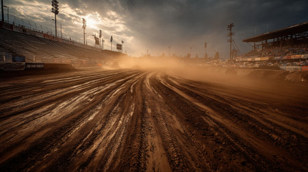 Wide shot of a rugged muddy monster truck track with deep tire ruts and rising dust, empty grandstands and golden sunset lighting, capturing the raw texture and anticipation of motorsport action.の素材