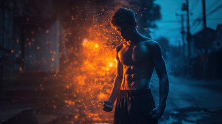 Young male athlete clenching fists in dramatic urban street with strong orange and blue lighting.の素材