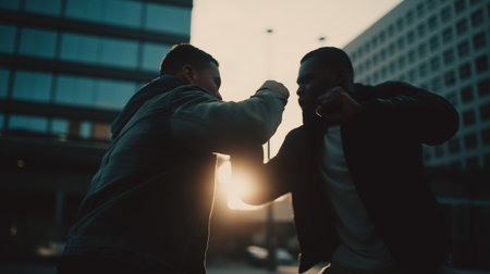 Urban street fighters sparring at sunset with sunlight streaming between skyscrapers in dramatic action scene.の素材