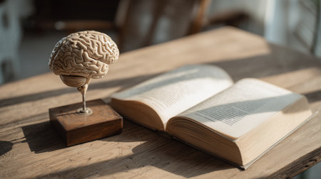Anatomical brain model and open book placed on wooden desk, in bright study room with indoor plant.の素材