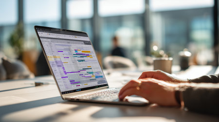 Close-up of hands working on laptop with colorful schedule and tables on screen in modern office, illustrating planning, productivity, and digital workflow on clean desk.の素材