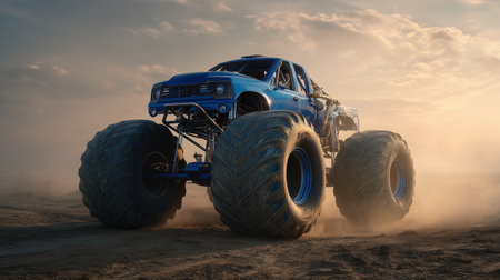 Massive blue monster truck on a dusty dirt track with oversized tires, lifted suspension, chrome accents, and mountains in the background.の素材