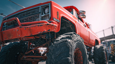 Close-up of a bright red monster truck with giant textured tires, shiny chrome detailing, prominent headlights, and lifted suspension, captured from a low urban angle with shallow depth of field.の素材