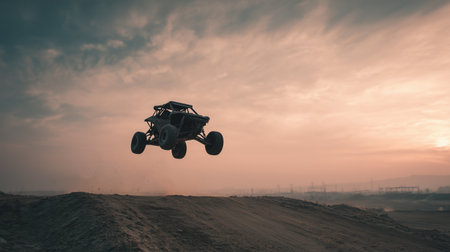 Monster truck mid-air jump over dirt mound at dusty sunset, with massive tires, flying dust, dramatic sky, and wide open off-road scene.の素材