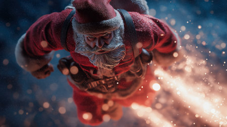 Santa dashes through a snowstorm in explosive action hero style, with dynamic motion and sparks inspired by blockbuster movie icons.の素材