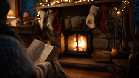 Person relaxing by warm fireplace with book and festive stockings in cozy decorated room filled with holiday lights and soft woolen socks.の素材