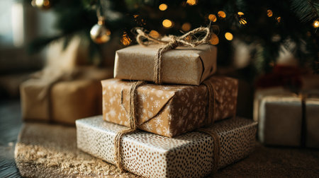 Stack of colorful patterned Christmas gifts with rustic jute bows in warm festive room with tree and ornaments.の素材