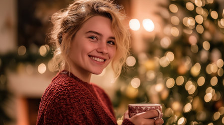 Young woman in cozy sweater with mug enjoying warm drink by Christmas lights and decorated tree in festive home setting.の素材