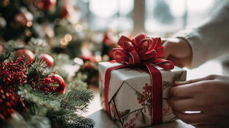 Hands tying red ribbon on Christmas gift with festive wrapping and holiday ornaments on wooden table, surrounded by pine branches in cozy seasonal atmosphere.の素材