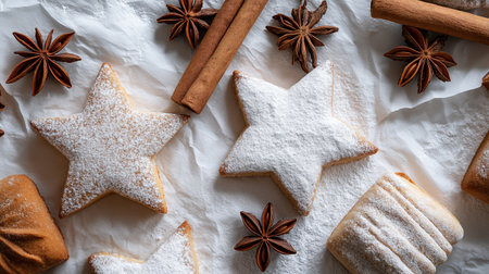A minimalist flat lay of Christmas cookies coated with powdered sugar, cinnamon stick and star anise on parchment paper. Generated AI.の素材