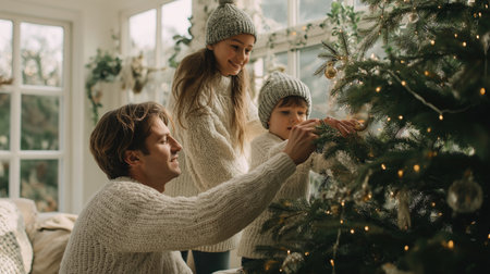 A cheerful family with children wears cozy knit sweaters, decorating a Christmas tree. Holiday lights and festive ornaments in a bright, modern living room.の素材