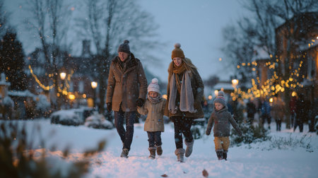 A young family walking hand in hand through snowy park at night under falling snow and sparkling golden lights during festive winter season. Generated AI.の素材