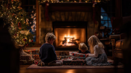 Cozy family living room decorated for Christmas with children unwrapping gifts by a glowing tree and fireplace, surrounded by stockings, presents, warm lights, and festive holiday decor.の素材