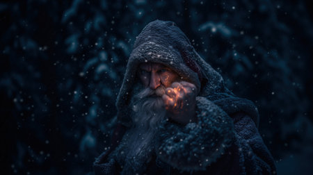 Santa superhero in dramatic scene with intense stare and glowing embers against snowy forest for cinematic holiday action portrait.の素材