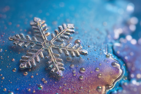 Macro photograph of silver glitter snowflake ornament with iridescent details and water droplets on festive background for winter holiday decoration.の素材