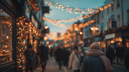 Busy festive city street at dusk with glowing Christmas lights, decorated shops, and people in winter coats walking by Christmas tree.の素材