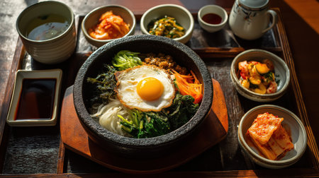 Traditional bibimbap in hot stone bowl with fried egg and colorful vegetables served with kimchi banchan on wooden table.の素材