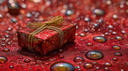 Glittering red Christmas gift box with gold ribbon on sparkling festive background with holographic glitter.の素材