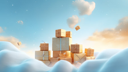 Dreamy winter scene with large gift boxes tied with ribbon bows arranged on snowy hills under blue sky with clouds and falling snowflakes.の素材