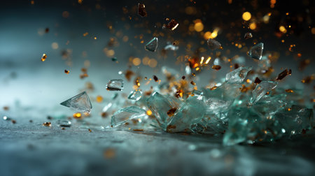 Shattered glass with suspended flying shards and dramatic motion blur on blue background for impactful breakage and destruction concept.の素材