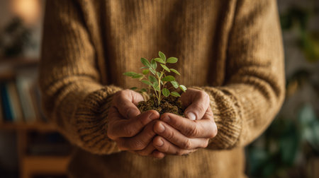 Man hands gently holding a small sprouting plant with soil, symbolizing growth, hope, and self-care for positive mental health and mindfulness at home.の素材