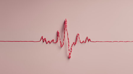Creative red wire wave shaped as irregular ECG line waveform representing heartbeat and cardiac arrhythmia.の素材
