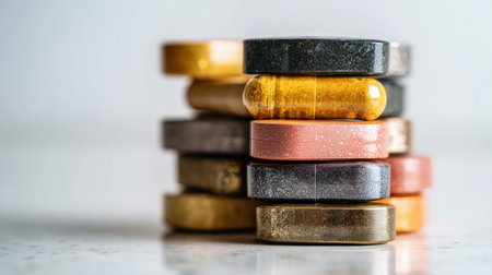 Colorful supplement capsules and tablets stacked in balanced formation with soft light and blurred background on reflective surface.の素材