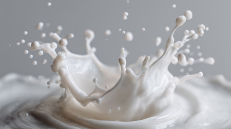 Frozen splash of milk or cream swirling and splashing upward in mid-air with detailed droplets against a beige background for dairy, freshness, or fluidity concepts.の素材