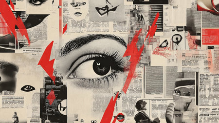 Surreal collage of expressive eyes, red lips, and newspaper clippings with bold red lightning accents and urban textures on a vintage background. Generated AI.の素材